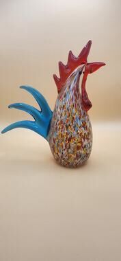Art Glass Rooster Figurine Blue Tail Multicolor Confetti Red Comb Chicken 6"